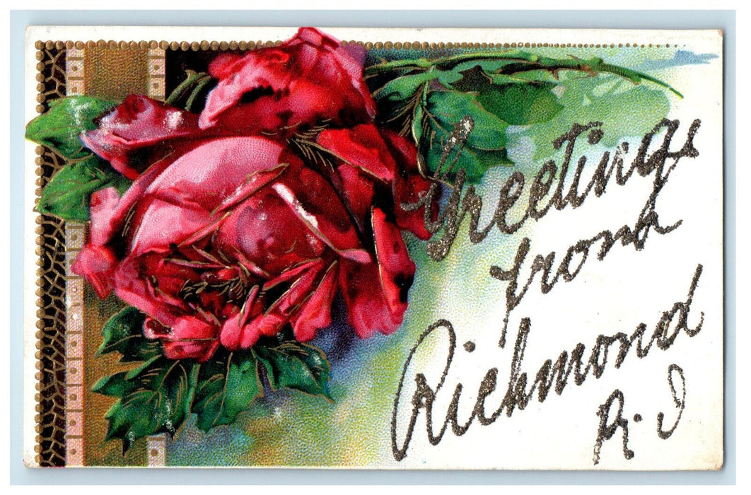 c1910 Greetings from Richmond Rhode Island RI Red Rose, Glitters Postcard