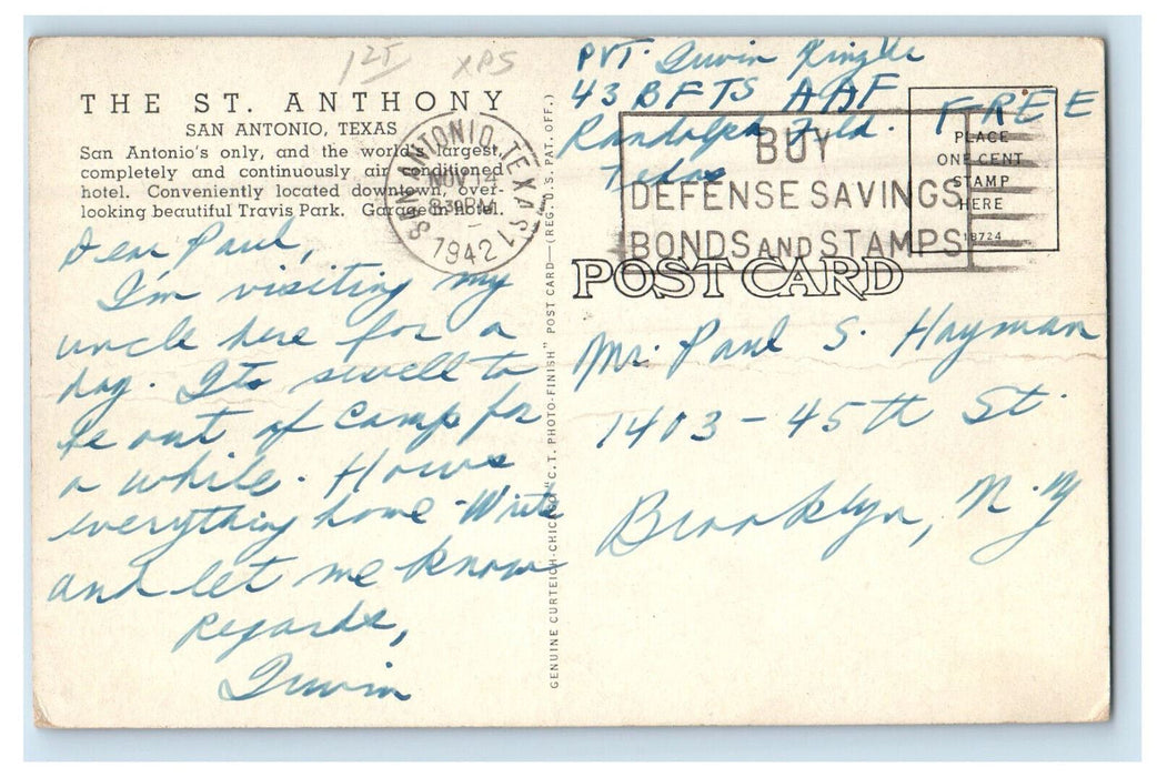 1942 The St. Anthony San Antonio Texas TX Posted Antique Cancel Postcard