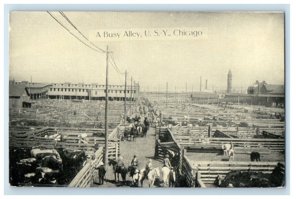 Busy Alley U.S.Y. Chicago IL, Cowboy Horses Fence Union Stock Yards Postcard