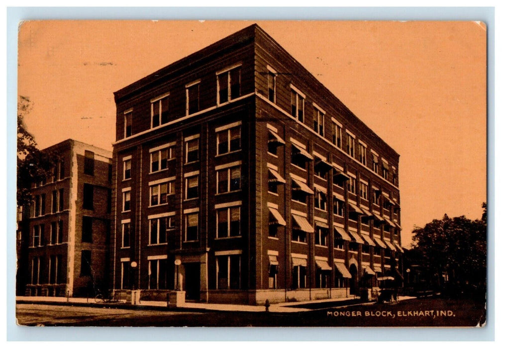 1909 Monger Block Building Street View Elkhart Indiana IN Antique Postcard