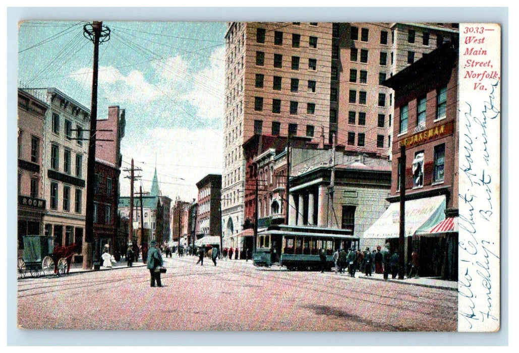 1908 West Main Street View Trolley Norfolk Virginia VA Posted Antique Postcard