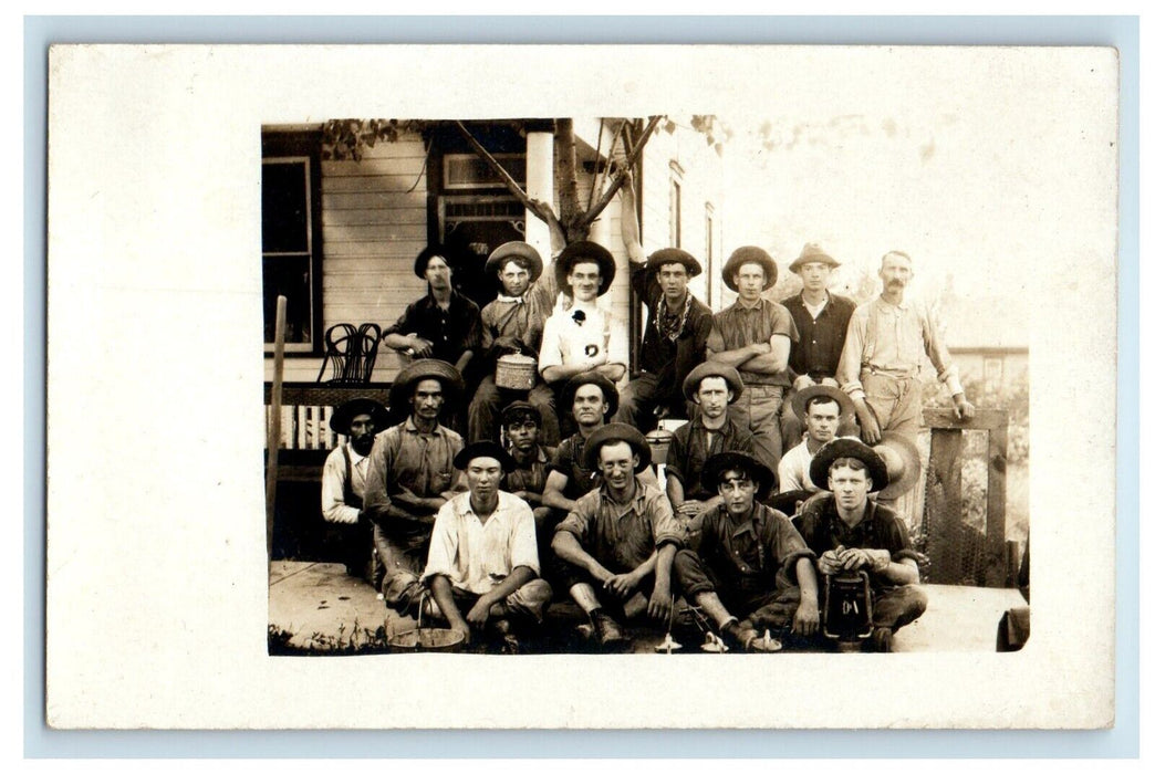 c1915 Group of Working Men Cowboys Miners Lanterns RPPC Photo Postcard