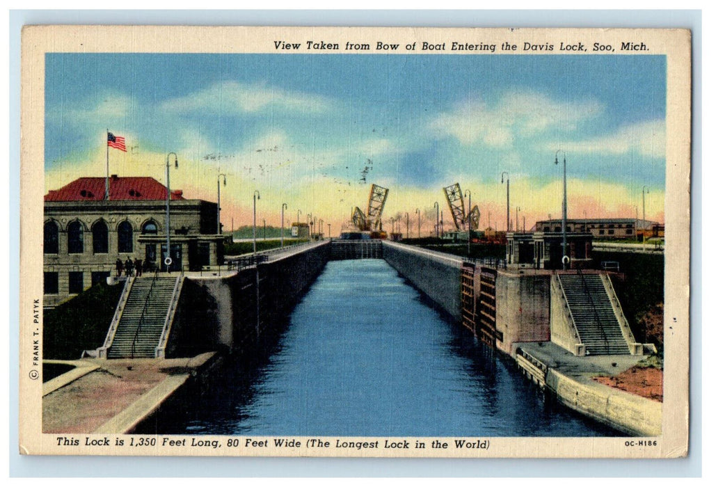 1955 View Taken From Bow of Boat Entering Davis Lock Soo Michigan MI  Postcard