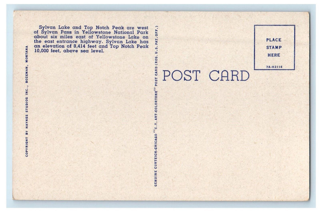 c1940s Sylvan Lake and Top Notch Peak, Yellowstone National Park WY Postcard