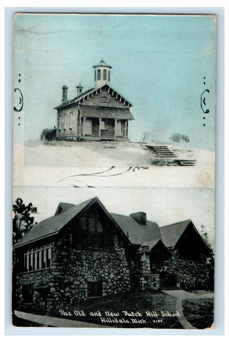 1911 The Old And New Dutch Mill School Hillsdale Michigan MI Split View Postcard