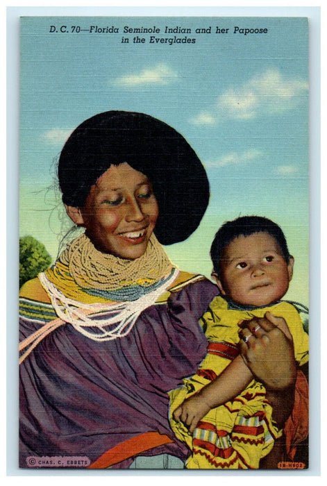 c1930s Florida Seminole Indian and Her Papoose in Everglades Unposted Postcard