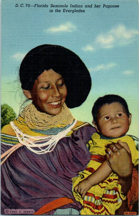c1930s Florida Seminole Indian and Her Papoose in Everglades Unposted Postcard