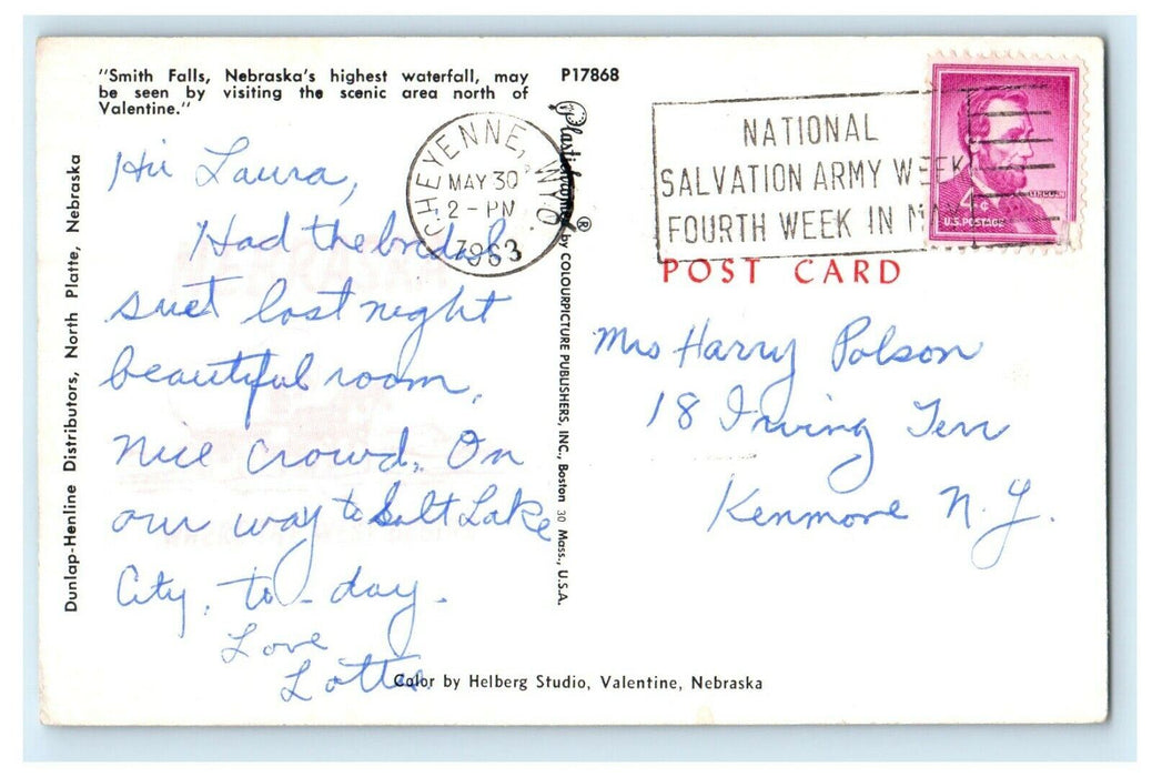 1963 Smith Falls Waterfall Valentine Nebraska NE Posted Vintage Postcard
