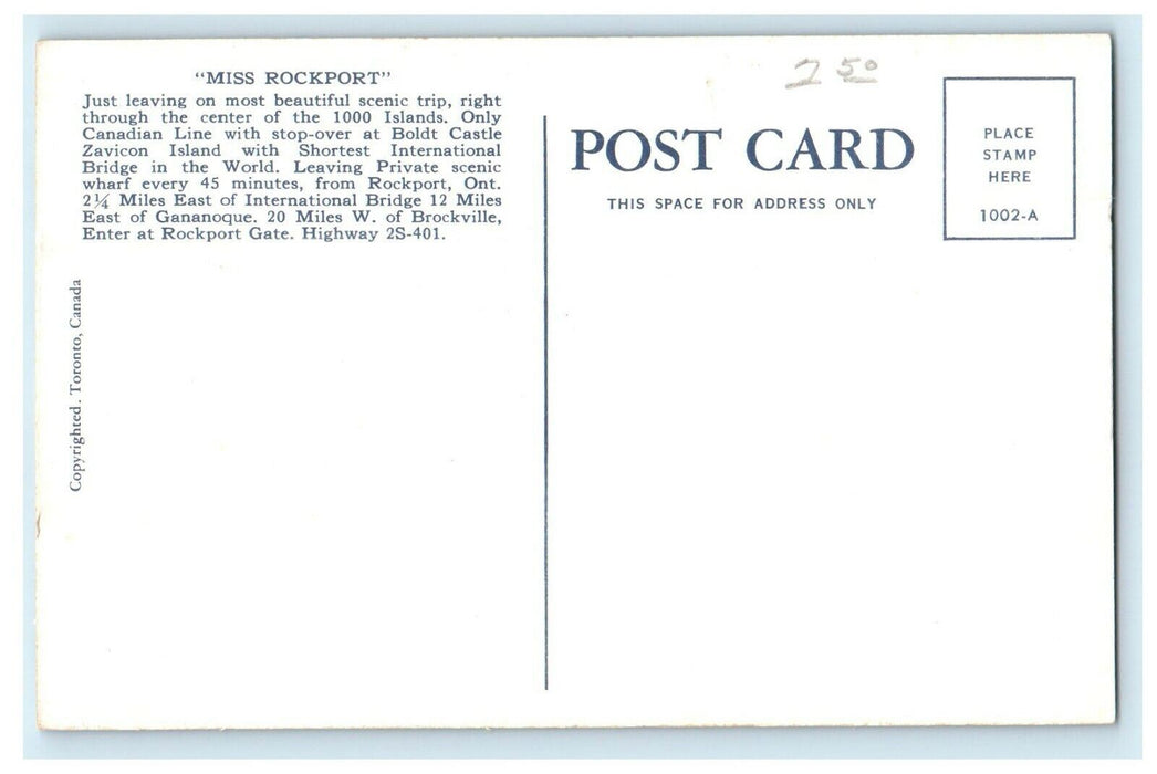 Miss Rockport Boat Scenic Trip 1000 Islands Canadian Line Ontario CA Postcard