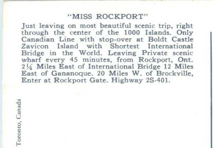 Miss Rockport Boat Scenic Trip 1000 Islands Canadian Line Ontario CA Postcard