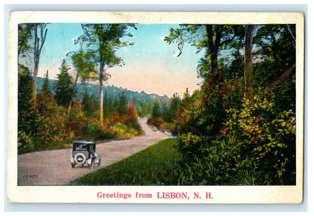 1929 Antique Car Scene, Greetings from Lisbon, New Hampshire NH Posted Postcard