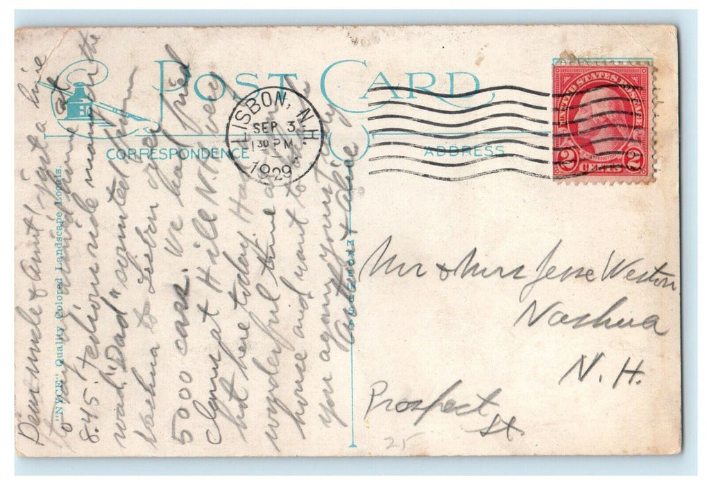 1929 Antique Car Scene, Greetings from Lisbon, New Hampshire NH Posted Postcard