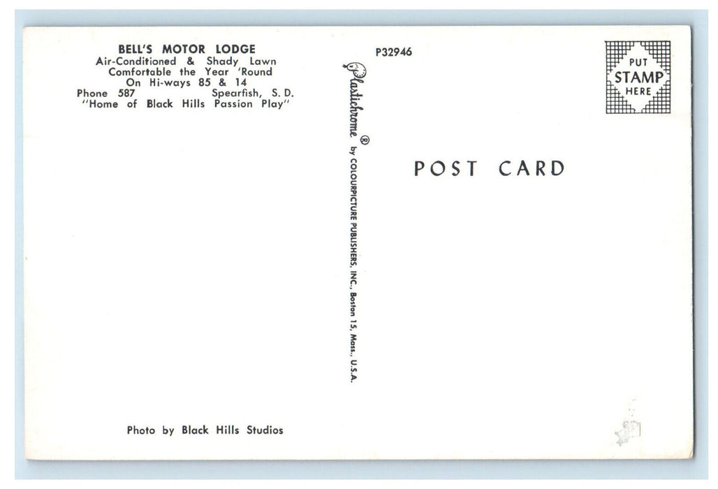 c1960s Home of Black Hills Passion Play Bell's Motor Lodge Spearfish SD Postcard