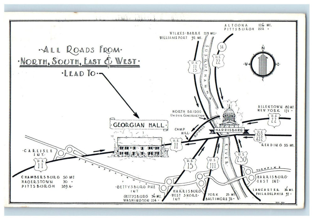 c1960s Road Map, Gregorian Hall Motor Lodge Camp Hill Pennsylvania PA Postcard