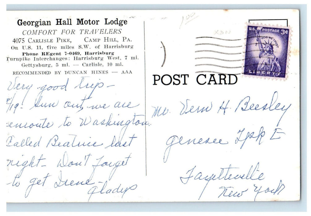 c1960s Road Map, Gregorian Hall Motor Lodge Camp Hill Pennsylvania PA Postcard