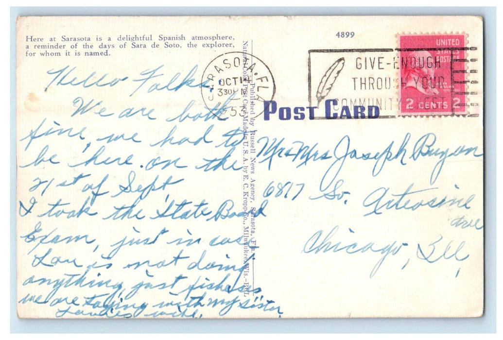 1953 St. Martha's Catholic Church Sarasota Florida FL Cancel Postcard