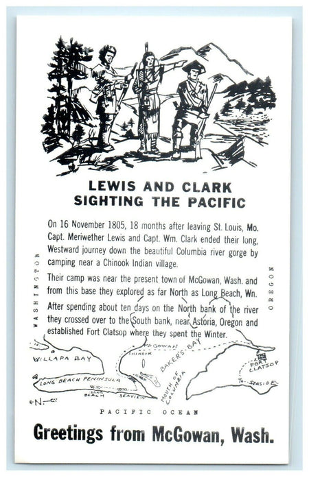 Greetings From McGowan Washington WA, Lewis  Clark Sighting Pacific Postcard