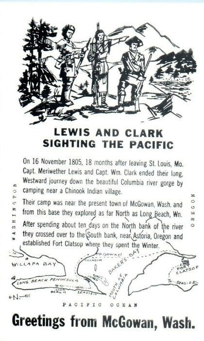 Greetings From McGowan Washington WA, Lewis  Clark Sighting Pacific Postcard