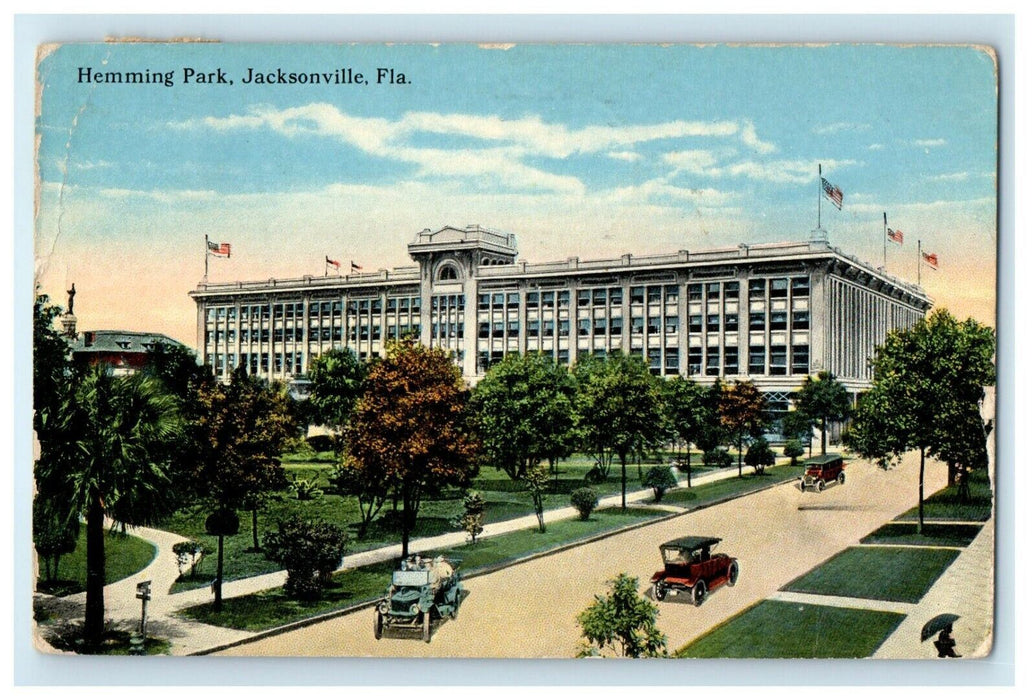 1916 Hemming Park Street View Cars Jacksonville Florida FL Antique Postcard
