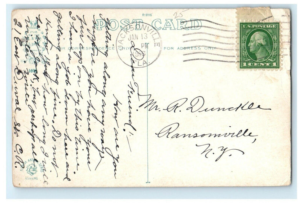 1916 Hemming Park Street View Cars Jacksonville Florida FL Antique Postcard