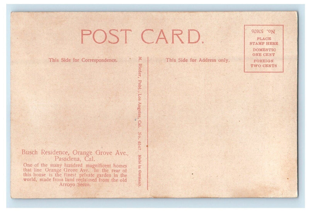 Busch Residence Orange Grove Avenue Pasadena California CA Unposted Postcard