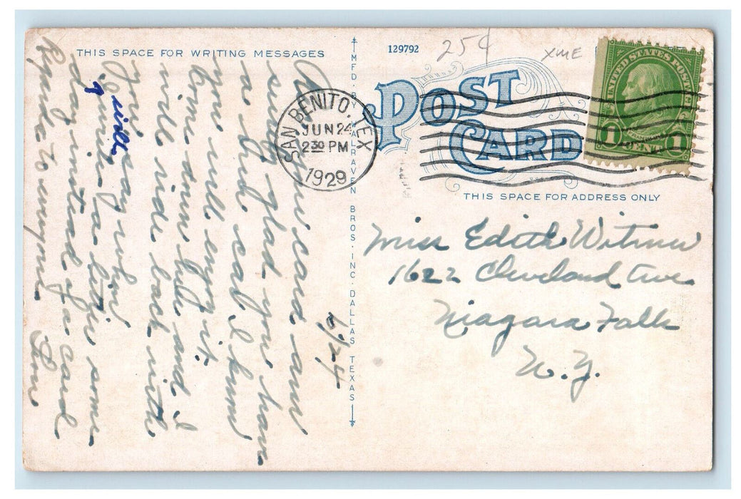 1929 View of High School San Benito Texas TX Posted Vintage Postcard