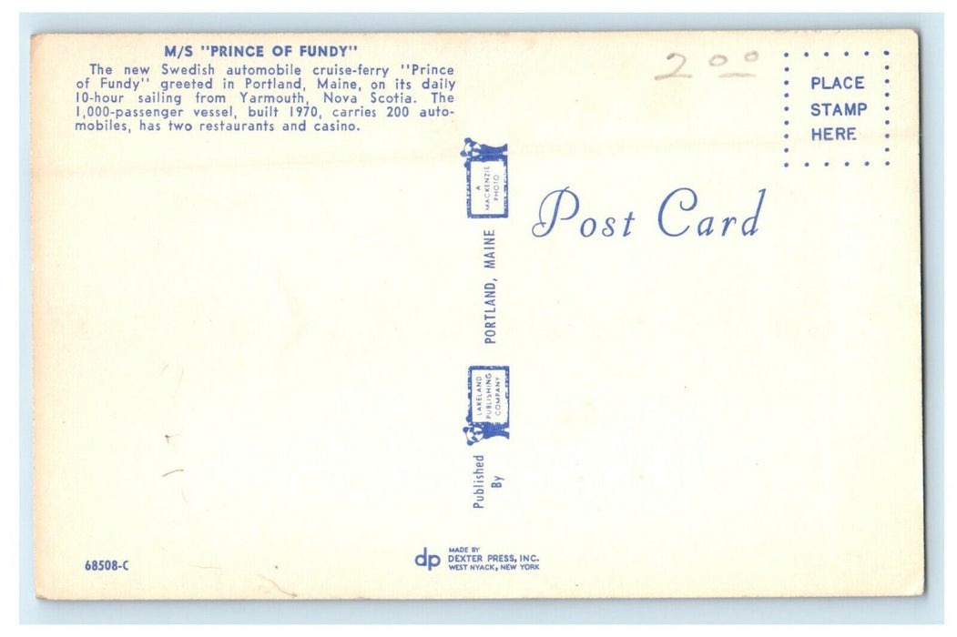 Portland Maine ME, M/S Prince Of Fundy Swedish Automobile Cruise-Ferry Postcard