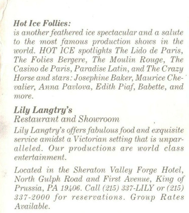 Hot Ice Follies Restaurant Lily Langtry's King Of Prussia Pennsylvania Postcard