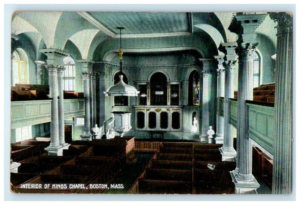 1915 Interior of Kings Chapel, Boston, Massachusetts MA Unposted Postcard