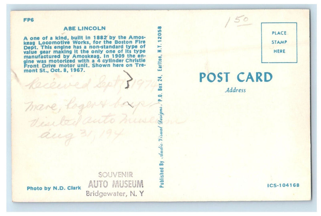 1974 Abe Lincoln Fire Responder Vehicle Boston Massachusetts MA Postcard