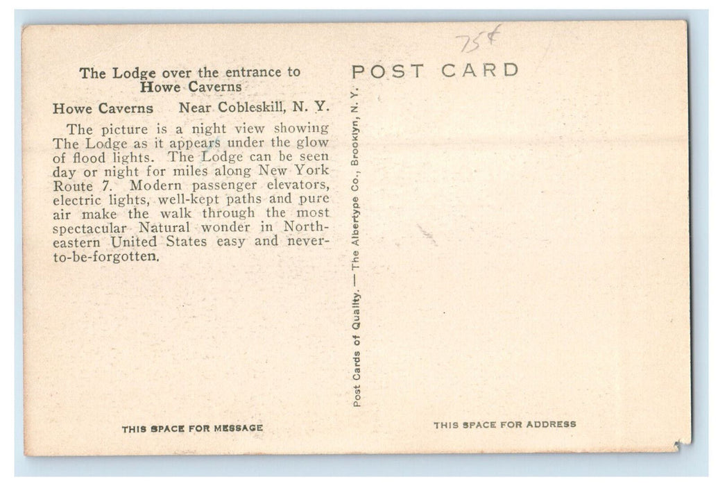 c1940s Night View of the Lodge at the Entrance to Howe Caverns NY Postcard