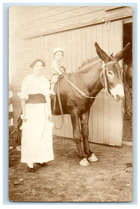 c1910's Mother And Sun Riding Donkey Dixon Illinois IL RPPC Photo Postcard