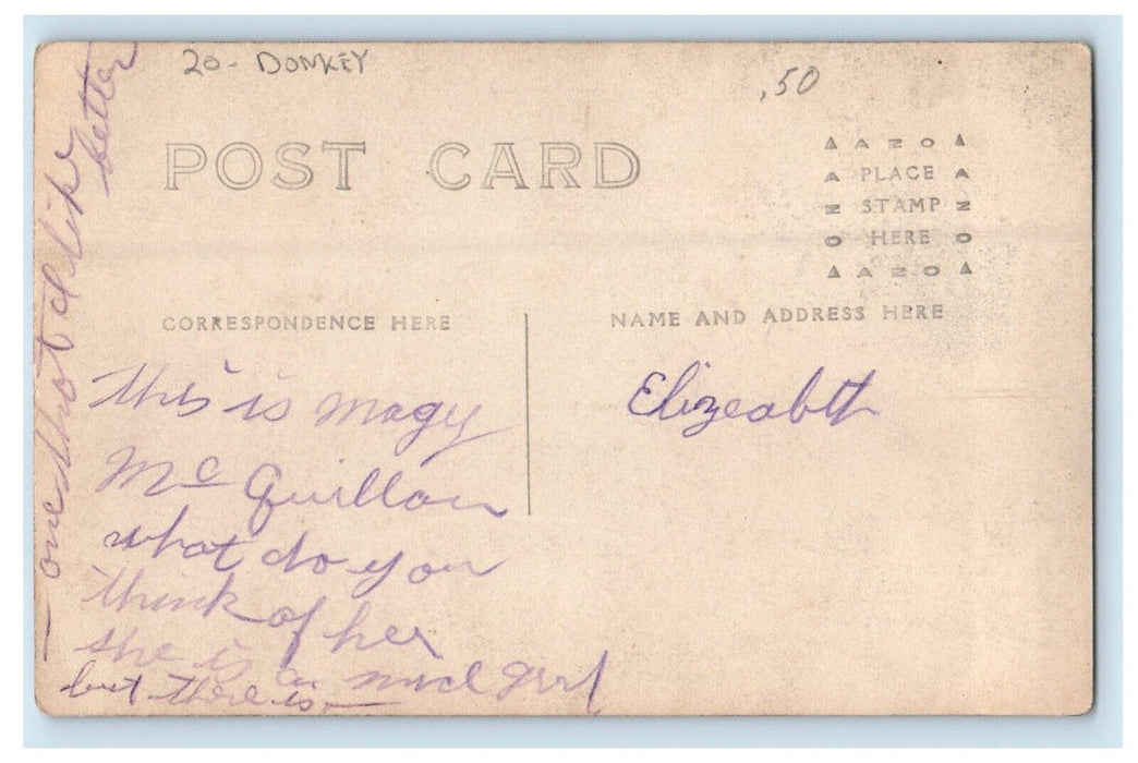 c1910's Mother And Sun Riding Donkey Dixon Illinois IL RPPC Photo Postcard