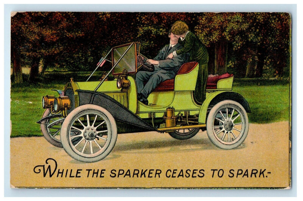 c1910's Sweet Couple Kissing Driving Car Winsch Back Posted Antique Postcard