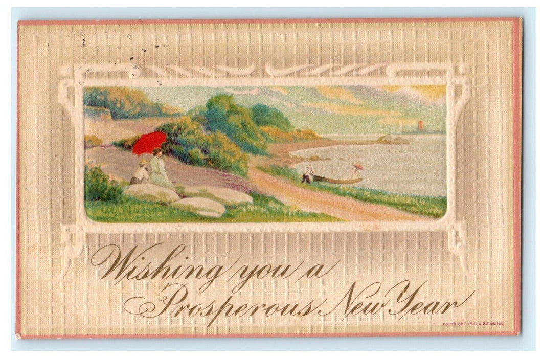 Lake Boat New Year's 1910 Franklin Grove Baumann Embossed Antique Postcard