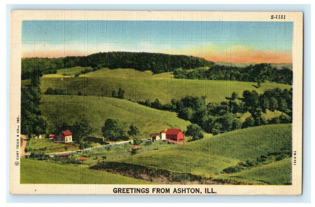 Greetings From Ashton Illinois 1950 Countryside Vintage Antique Postcard