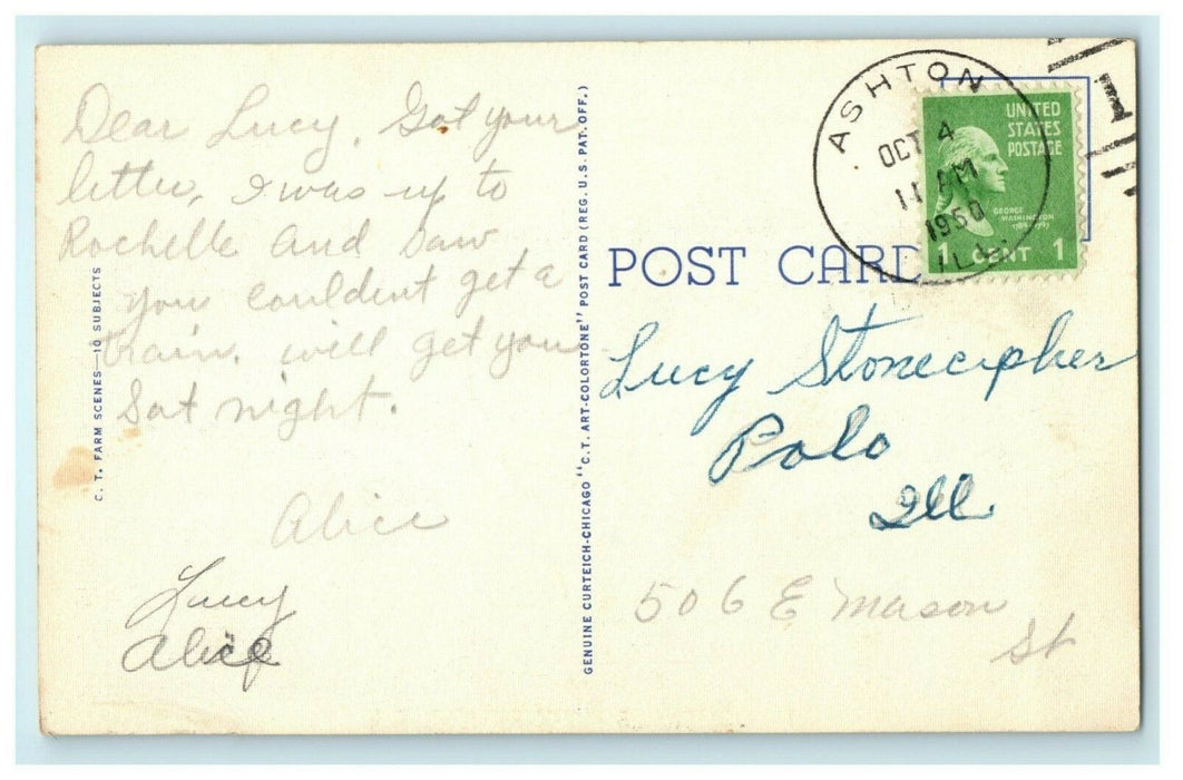 Greetings From Ashton Illinois 1950 Countryside Vintage Antique Postcard