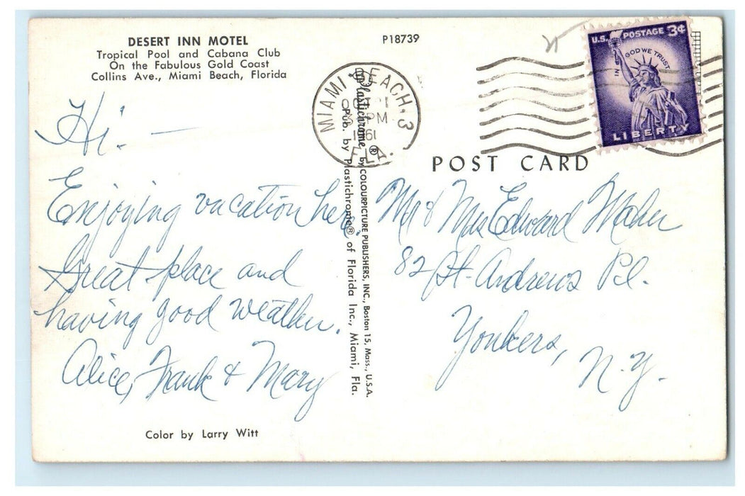 1961 View Of Desert Inn Motel Tropical Pool Miami Beach Florida FL Postcard