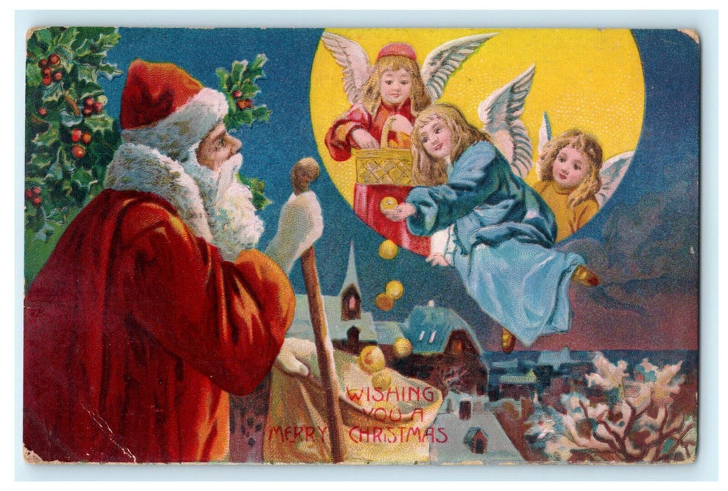 Christmas Santa Angels Germany 1909 Springfield Illinois Antique Postcard