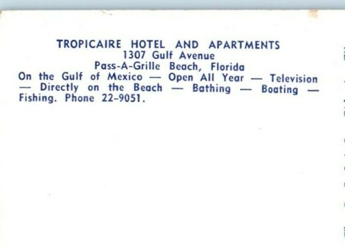 c1950's Tropical Hotel And Apartments Pass-A-Grille Beach Florida FL Postcard