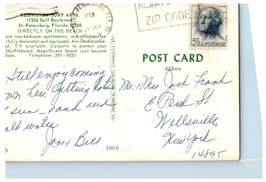 1968 Redington Surf Apartments Beach View St. Petersburg Florida FL Postcard