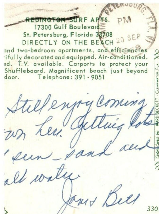 1968 Redington Surf Apartments Beach View St. Petersburg Florida FL Postcard