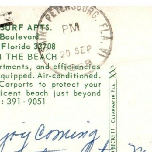 1968 Redington Surf Apartments Beach View St. Petersburg Florida FL Postcard