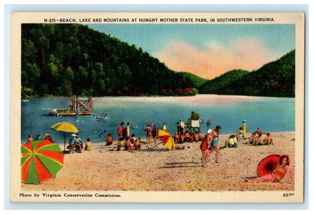 c1930s Beach at Hungry Mother State Park, Southwestern Virginia VA Postcard