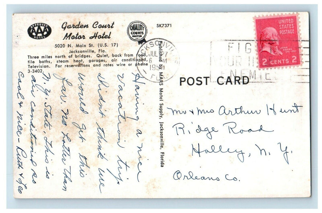 1954 Garden Court Motor Hotel Street Scene Jacksonville Florida FL Postcard