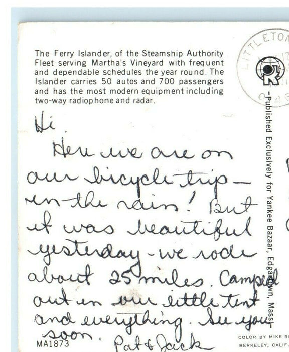 The Ferry Islander Steamships Authority Martha's Vineyard Massachusetts Postcard