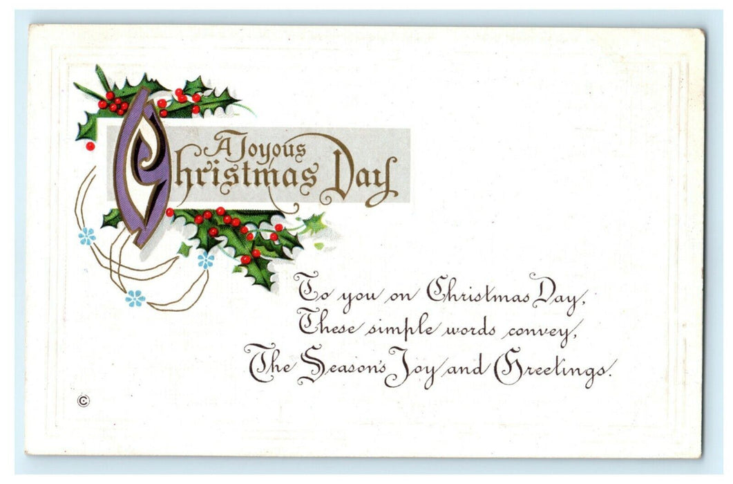 Merry Christmas Day Holly Embossed c1910 Vintage Antique Postcard