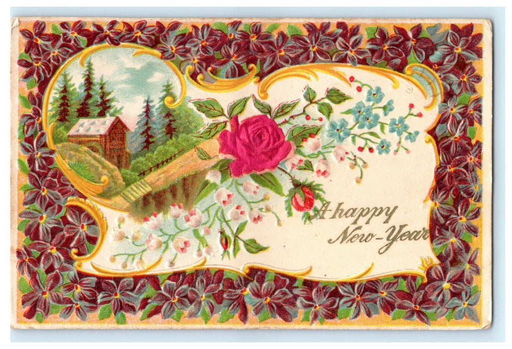 Flowers New Year's 1910 Castroville Texas Embossed Germany Antique Postcard