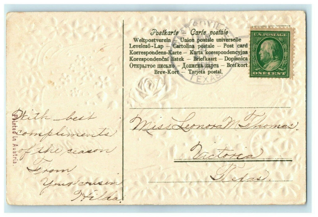 Flowers New Year's 1910 Castroville Texas Embossed Germany Antique Postcard