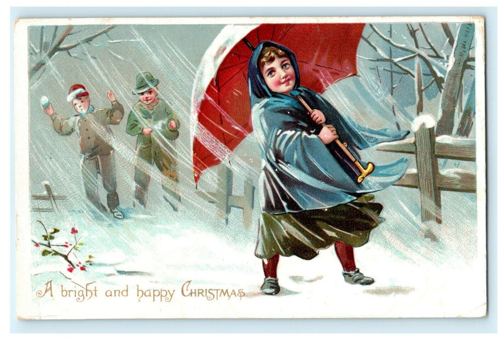Christmas Tucks Embossed Umbrella Snowball Fight Vintage Antique Postcard